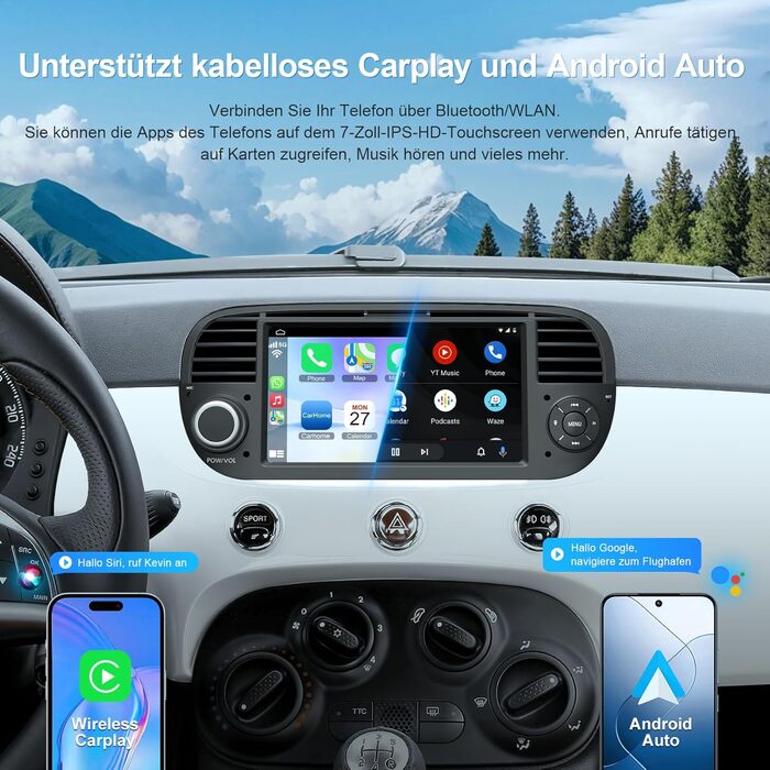 Автомагнітола для Fiat 500 2007-2015 з бездротовим Carplay та головним пристроєм Android Auto, 232 ГБ 7-дюймовий IPS HD сенсорний екран з GPS-навігацією/голосовим керуванням/WiFi/SWC/Bluetooth 5.2/FM/камерою заднього виду, чорний колір