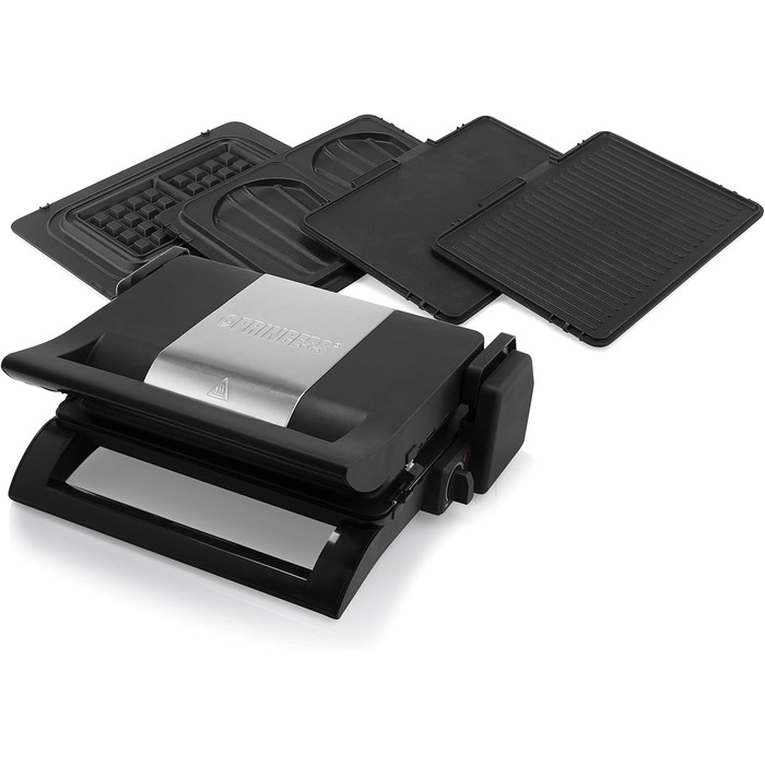Принцеса 112536 Мультигриль 4-в-1, сендвіч, контакт, настільний гриль і вафельниця, змінні пластини, нержавіюча сталь, з антипригарним покриттям, чорний/сріблястий, контактний гриль 4-в-1 1500 Вт