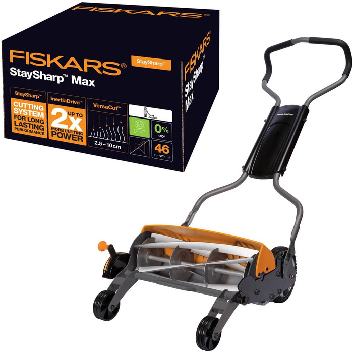 Циліндрична газонокосарка Fiskars, газонокосарка з безконтактною системою різання, ширина зрізу 46 см, StaySharp Max, чорна/помаранчева/срібляста, 1000591