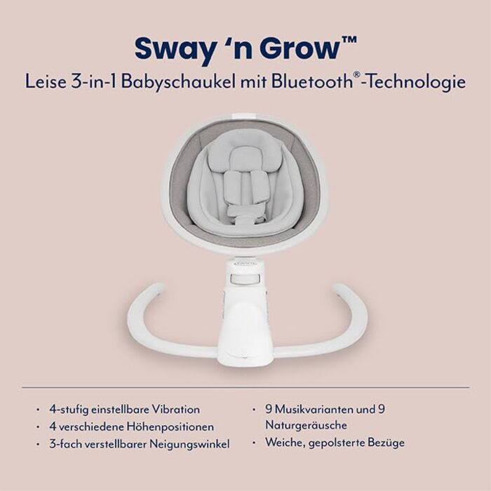 Гойдалка-шезлонг Graco Sway n Grow 3-в-1, від народження до 4 років (18 кг), з плавним та тихим гойданням, 3 положення спинки, колір Heather