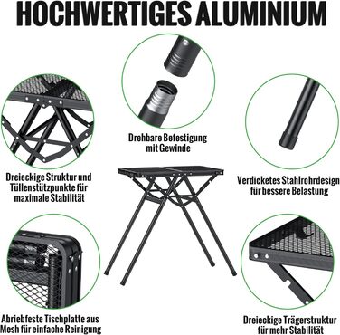Складаний стіл для гриля GARLLEN, 60x40 см та 3 регульовані висоти (25/48/71 см), X-подібна конструкція опори стабільний, легкий та портативний кемпінговий стіл, складаний стіл, садовий стіл, стіл для пікніка, невеликий стіл для гриля