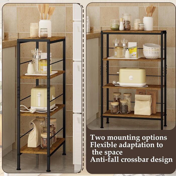 Полиця, Нішева полиця з 4 ярусами, Кухонна полиця для спецій, Вузька полиця-драбина, для кухні-вітальні, Дерево та метал, Вінтажний коричневий та чорний, 50x78x20 см, RGB52shm 50x20x78 Вінтажний коричневий чорний