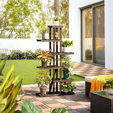 Ярусна підставка для квітів Yaheetech, полиця для квітів з масиву дерева, стійка для рослин, компактна та багатофункціональна лавка для квітів для балкону/тераси/саду 75 x 27 x 140 см, 6-