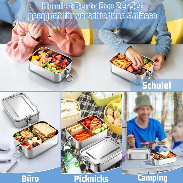 Набір ланчбоксів Homikit з розділеннями, 2 шт., 850 мл, нержавіюча сталь. Металеві контейнери для обіду, сніків, герметичні, з ущільнювальним кільцем для школи, офісу, пікніка. Можна мити в посудомийній машині.