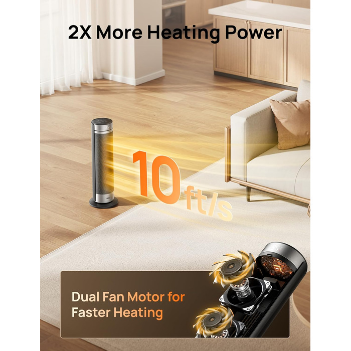 Дюймовий вентилятор-обігрівач Dreo, тихий електричний обігрівач потужністю 2000 Вт для спальні з пультом дистанційного керування, 12-годинний таймер, коливання 70, 5 режимів, керамічний PTC з термостатом, обігрівач для великих кімнат, офіс, сріблястий, 23
