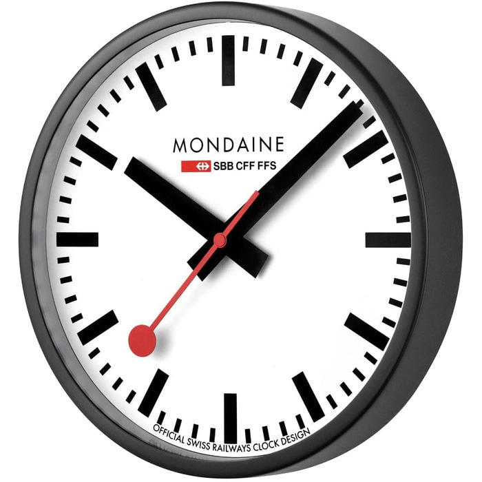 Офіційний швейцарський настінний годинник Mondaine 25 см, матова чорна алюмінієва рама, дизайн Hans Hilfiker 1944, безшумний механізм, мінеральне скло, захист від пилу позачасовий дизайнерський виріб A990.clock.12sbb 25 см