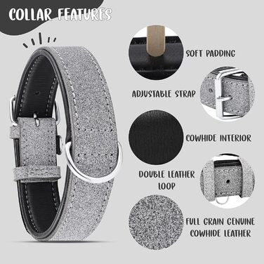 Нашийник для собак Riparo K-9, м'який, з натуральної шкіри, регульований, міцний (XL ширина 4,5 см для обхвату шиї 53,4-63,5 см, сірий/білі нитки) XL Сірий/Білі нитки