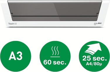 Ламінатор Leitz A3 Touch 2, повністю автоматичний високошвидкісний ламінатор преміум-класу для офісу та школи, для ламінувальних пакетів товщиною від 80 до 250 мікрон, включаючи стартовий комплект ламінувальних рукавів, iLam, 74744000