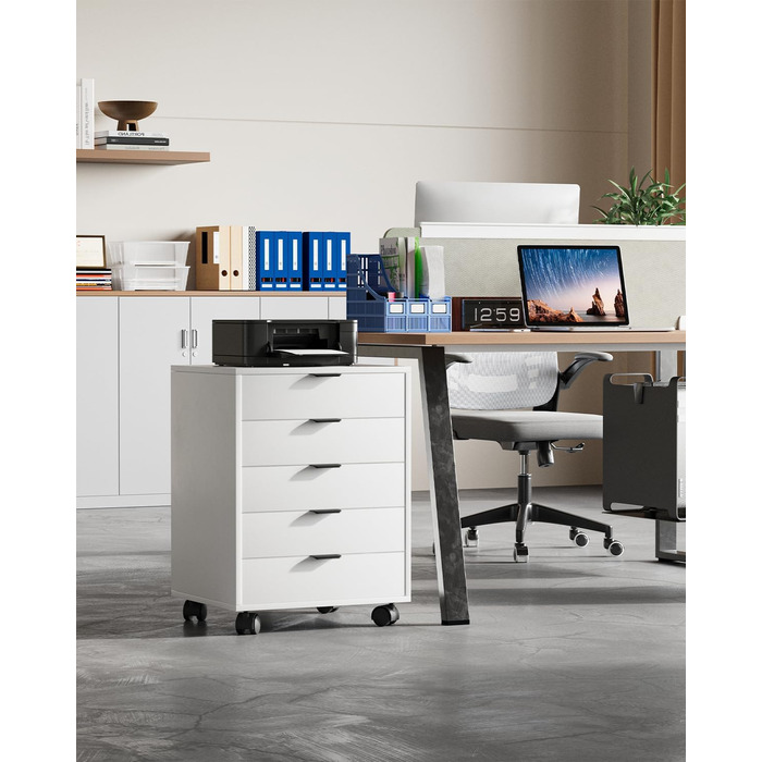 Шафа з шухлядами, контейнер на колесах, мобільна шафа для документів з 5 шухлядами, шафа під письмовим столом, офісний комод для домашнього офісу, білий 40 x 47,6 x 64,6 см
