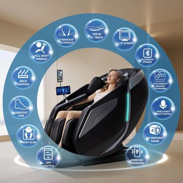 Крісло для масажу всього тіла з 4D-скануванням тіла, роботизованими руками, інтелектуальною масажною подушкою сидіння Shiatsu з голосовою функцією, підігрівом спинки (чорне)