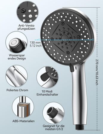 Лійка для душу високого тиску з 10 режимами, водозберігаюча душова лійка, лійка для підвищення тиску води, потужний струмінь для очищення ванни, плитки, домашніх тварин. Лійка для душу (10 режимів)