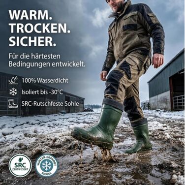 Чоловічі гумові чоботи VERTO з EVA, флісові внутрішні шкарпетки (до -30C), високий халяв, нековзна підошва SRC з безпечним протектором, розмір 43 EU, зелені