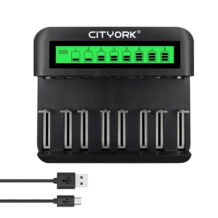 Зарядний пристрій CITYORK для акумуляторів AA AAA CD NI-MH/NI-Cd з входом Micro-USB та Type-C - швидке заряджання, автоматичне виявлення, функція захисту від перезаряджання (зовнішній вигляд може відрізнятися)