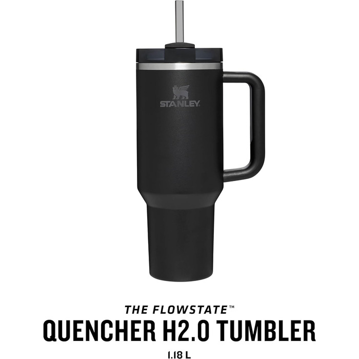 Пляшка для води Stanley Quencher H2.0 FlowState з соломинкою 1,2 л - термокружка охолоджує 11 годин - 48 годин Ice-Cold - Можна мити в посудомийній машині - термос Пляшка BPA Free - Кавова кружка на винос - чорний чорний тональ