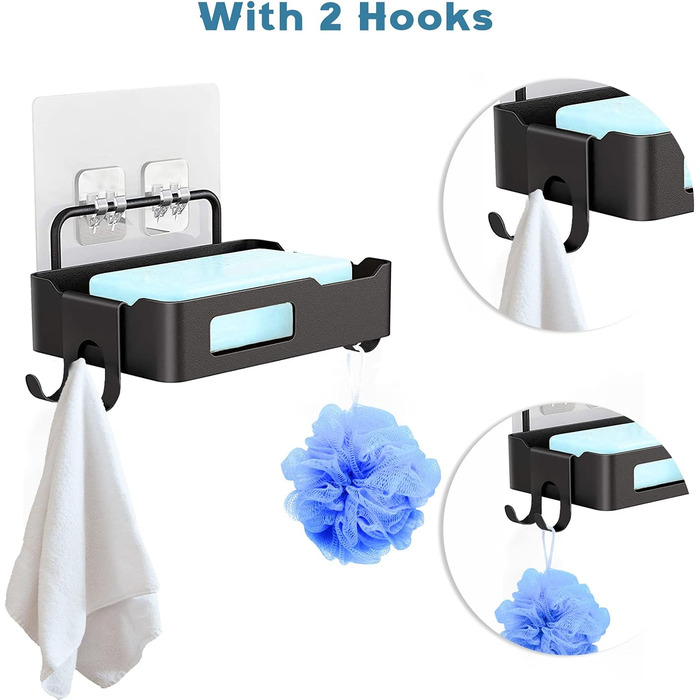 Мильниця Тримач для мила для душу, Настінний тримач для мила з 4 гачками (2 шт.), Самоклеюча мильниця без свердління, Тримач для м