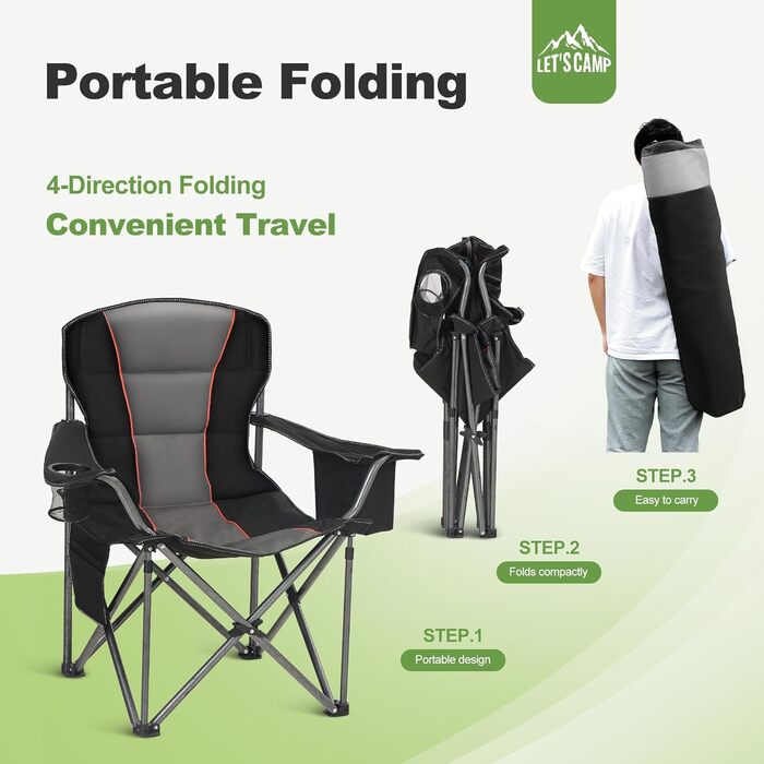 Крісло для кемпінгу LET&39S CAMP, складне крісло, велике рибальське крісло з тримачами для напоїв, сумка-холодильник, вуличне крісло, витримує до 200 кг, чорне