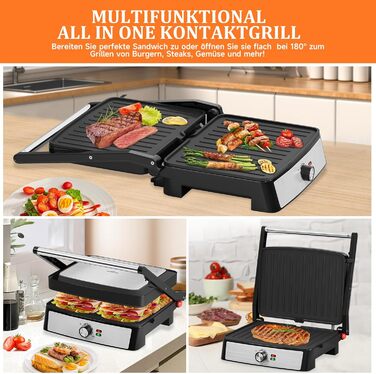 Контактний гриль, Сендвіч-машина та Panini Grill 2200 Вт, Сендвіч-машина для знежиреного гриля, Тости, Стейки, Паніні з непригарними пластинами 29x23см, відкривання на 180, ракель для чищення