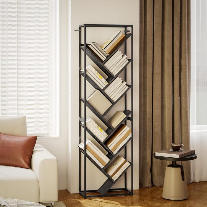 Книжкова полиця HOMCOM Tree, 10-ярусна підлогова книжкова шафа, висока промислова стелажна шафа для вітальні, домашнього офісу, спальні, сіро-чорна