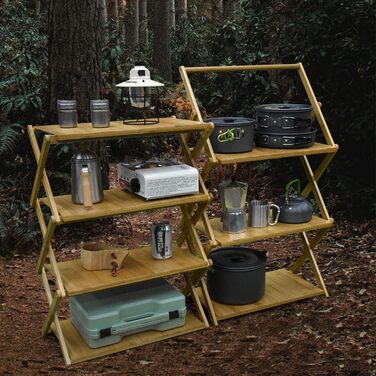 Портативна складна кемпінгова полиця з бамбуковою стільницею, вулична складна шафа для кемпінгу, кухні, телескопічна полиця з 4 рівнями, для грилю на свіжому повітрі, 4 яруси