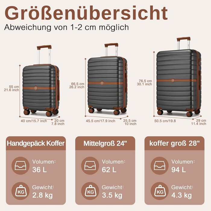 Валіза KONO, дорожня валіза, візок, ручна поклажа 55x40x20 см, виготовлена з твердої оболонки ABSPC, з подвійними колесами та кодовим замком (сіра/коричнева, 55 см) Ручна поклажа (55 см) сіра/коричнева