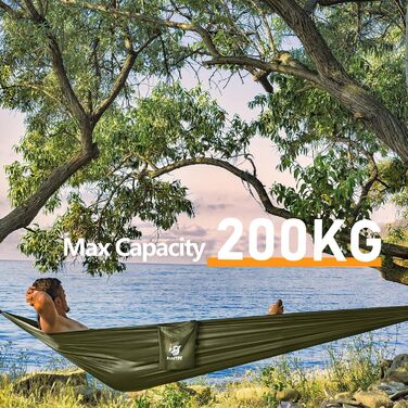 Гамак для вулиці з москітною сіткою - 260 x 130 см Легкий нейлон для походів, кемпінгу, піших прогулянок та пляжних пригод - вантажопідйомність 200 кг Зелений