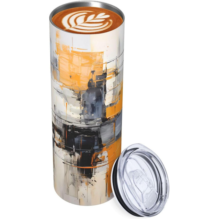 Кухоль з прямою трубочкою, 590 мл, сіро-жовтий, абстрактний художній дизайн, дорожній кухоль з принтом, підходить для кемпінгу, офісу та дому