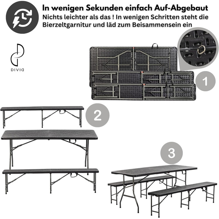 Набір для пивного саду DIVID, 3 предмети Стіл 2 лавки Для використання в приміщенні та на вулиці Складаний з ручками для перенесення ВxШxГ 73x180x75 см Садовий стіл (DIV-200/WOOD Set)
