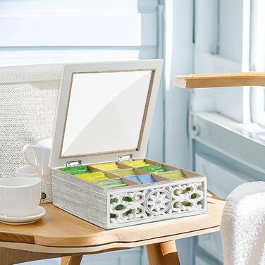 Вінтажна чайна коробка - Дерев&39яна коробка для зберігання чайних пакетиків - Коробка для чайних пакетиків з оглядовим віконцем - Чайний ящик з 9 відділеннями - Колір &quotшеббі-білий&quot