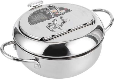 Горщик для фритюрниці, японська каструля з термометром, глибока фритюрниця з нержавіючої сталі 304 з осушувачем олії для чіпсів темпура, картоплі фрі, риби та курки (велика 24 см)