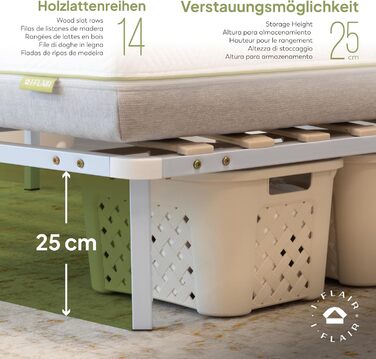 Металеве ліжко i-flair з рейковою основою NAMARA 140x190 см - Висота 28 см, стабільне гостьове ліжко з місцем для зберігання на ніжках, підходить для всіх матраців - Біле 140x190 см Біле