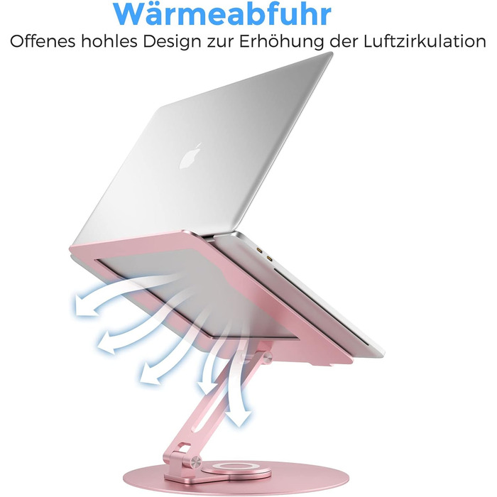 Підставка для ноутбука Epherie з поворотним круглим основанням на 360, регульована по висоті, ергономічна, з вентиляцією, алюмінієва, складна та стійка, рожевого кольору