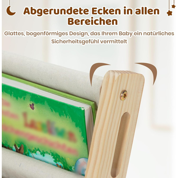 Дитяча книжкова полиця COSYLAND з 6 полицями з тканини Оксфорд - Дитяча книжкова полиця з натурального дерева - Дитяча книжкова полиця з закругленими кутами та компактна, 42Д x 30Ш x 76В см (колір натурального дерева, середній)