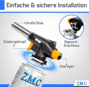 Газовий пальник Z.M.C 8 газових картриджів 227 г, пальник фламбе до 1300C, пальник Бунзена 1,3 кВт, паяльний пальник, кухонний пальник з регульованим полум'ям