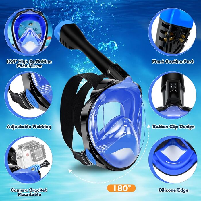 Комплект для дорослого підводного плавання з ластами, маска для дайвінгу на все обличчя, захист від запотівання, поле зору 180 та кріплення для камери, регульовані ласти з чохлом, для підводного плавання та дайвінгу, синій, розмір S/M