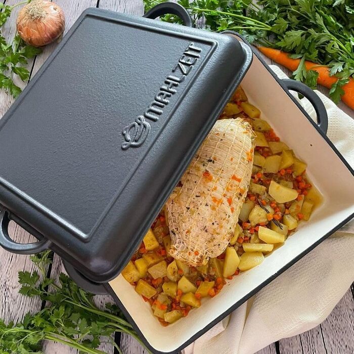 Чавунна емальована жаровня Mahlzeit 10,5 л Blue Berry жаровня 2в1 зі сковородою жаровня з кришкою, безпечна для духовки, емальован