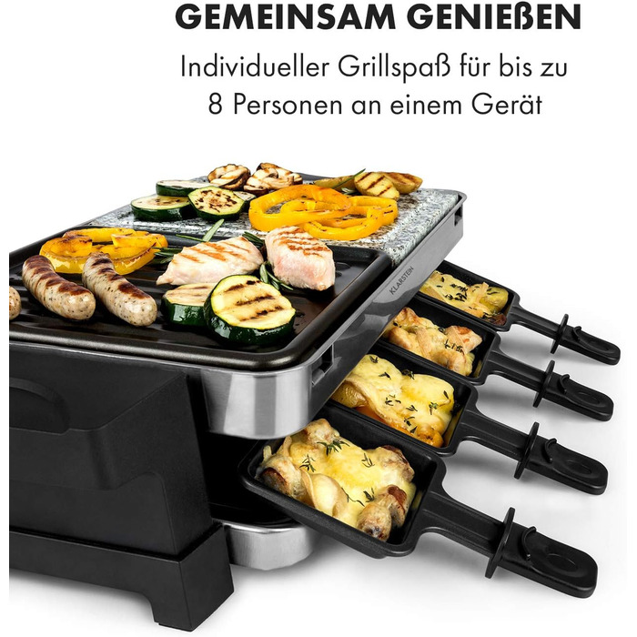 Гриль Klarstein Sirloin Raclette, 1500 Вт, 2-в-1 алюмінієва пластина для гриля та пластина з натурального каменю, нагрівальний елемент з нержавіючої сталі, регульований термостат, на 8 осіб, сковороди для раклету зі сталі