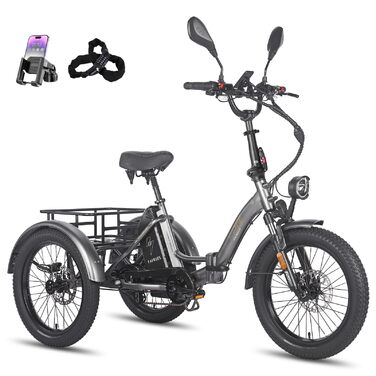 Електричний триколісний велосипед Fafrees F20 Mate для дорослих, складний електровелосипед 20 * 3,0 дюйма, 3-колісний вантажний електровелосипед 48 В 65 Нм, старший електровелосипед з гідравлічними гальмами, вантажопідйомність 180 кг, сірий, акумулятор 21