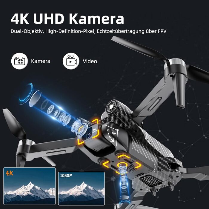 Дрон з камерою 4K Складні дрони з двома камерами Квадрокоптер 5G WIFI FPV Дрон з камерою 4K HD Легкі дрони для початківців і дорослих, Безщітковий двигун, перевертання на 360, клас C0 (2 батареї) Темний