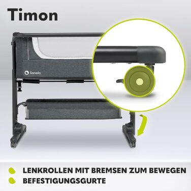 Дитяче ліжечко Lionelo Timon для подорожей, підходить для дітей від народження до 9 кг, з 6-рівневою функцією нахилу, зсувною бічною панеллю, сумкою для перенесення, складною, сірого кольору