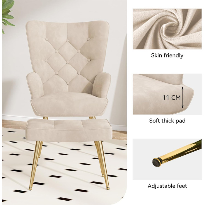 Крісло, диван для вітальні, сучасне крісло-гойдалка, реклайнер з металевими ніжками, оксамит, для вітальні/спальні, до 150 кг (кремовий, з підставкою для ніг) з підставкою для ніг, кремовий