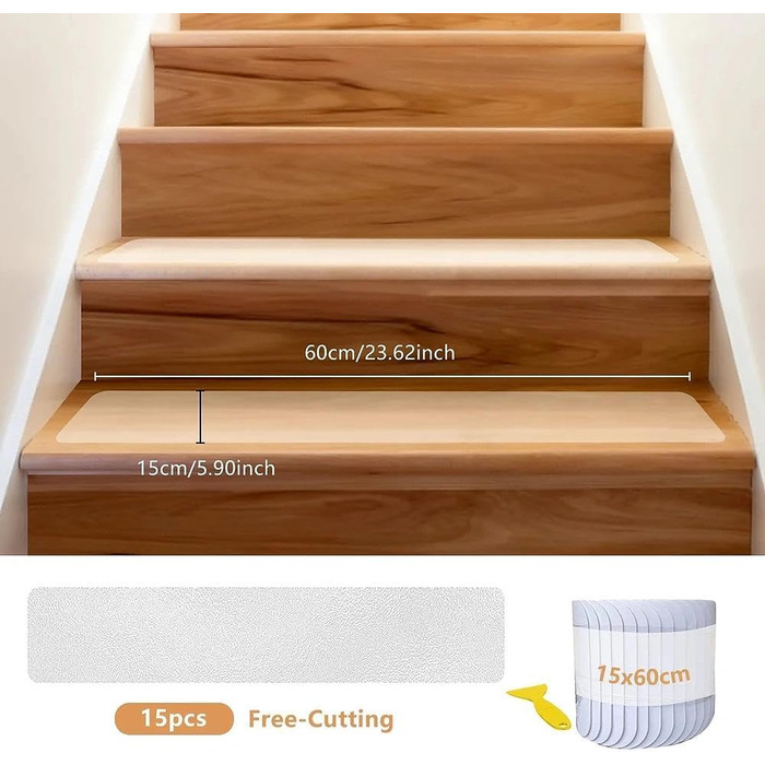 Килимків для сходів, протиковзкі килимки, 15x60 прозорі, самоклеючі, нековзні килимки для сходів, водонепроникні, для дерев&39яних сходів та підлоги, 15