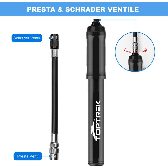 Міні-велосипедний насос Toptrek 260PSI, сумісний з усіма клапанами (Presta та Schrader), малий велосипедний насос для гірських велосипедів, шосейних велосипедів, електровелосипедів, гірських велосипедів