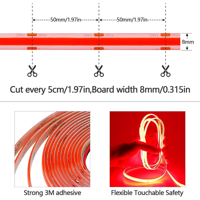 Світлодіодна стрічка GOMING 24 В COB 3000K 5M Водонепроникна світлодіодна стрічка IP65 480 світлодіодів / м Без світлових плям CRI 93 Світлодіодна стрічка високої яскравості 4300 лм для прикраси домашньої кухні (тільки стрічка) (червона, 5 метрів)
