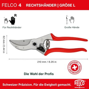 Садові ножиці FELCO 4 для великих правшів, ріжуть гілки діаметром до 25 мм, довжиною 210 мм, з канавкою для соку, ковані ручки, надійний інструмент для всіх завдань з різання. FELCO 4 Single