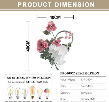 Металевий настінний світильник для приміщень із квітковим скляним абажуром, ретро настінні світильники для спальні, коридору, сходової клітки, ар-деко, E27, 40X40 см ліворуч