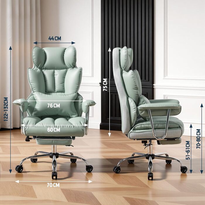 Ергономічне офісне крісло Efomao, крісло керівника зі штучної шкіри, офісне крісло вантажопідйомністю 200 кг з підставкою для ніг та поперековою опорою, регульоване крісло з високою спинкою, світло-зелене