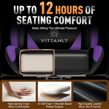 Ігрове крісло Vittanly, ергономічне ігрове крісло з підголівником та поперековою опорою, регульоване по висоті поворотне ігрове/офісне крісло з регульованою спинкою 90-165, вантажопідйомність 150 кг, фіолетове