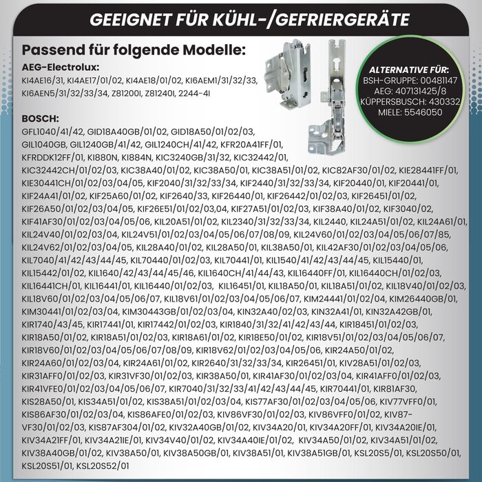 Петлі холодильника McFilter I 2 шт., сумісні з Bosch, Siemens, Miele, AEG, Neff (00481147, 481147, 407131425/8, 5546050, 00481145, 00499570, 00499569) - плоскі петлі для дверцят холодильника