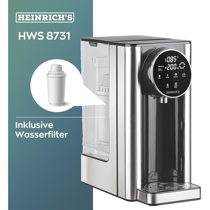 Диспенсер для гарячої води HEINRICHS - гаряча вода одним натисканням кнопки від 40 до 100 C, обсяг води 100 мл-400 мл на вибір, підходить для дитячого харчування, в т.ч. функція очищення фільтр, сенсорний дисплей, 2.7 л Heinrich