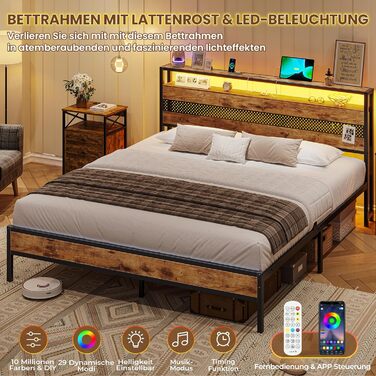 Ліжко 140x200 з металевою рейковою основою, металевий каркас ліжка з розеткою та функцією зарядки через USB, двоспальне ліжко з місцем для зберігання речей, підлогове ліжко, дитяче ліжко, каркас ліжка для спальні та гостьової кімнати (140x200 см)